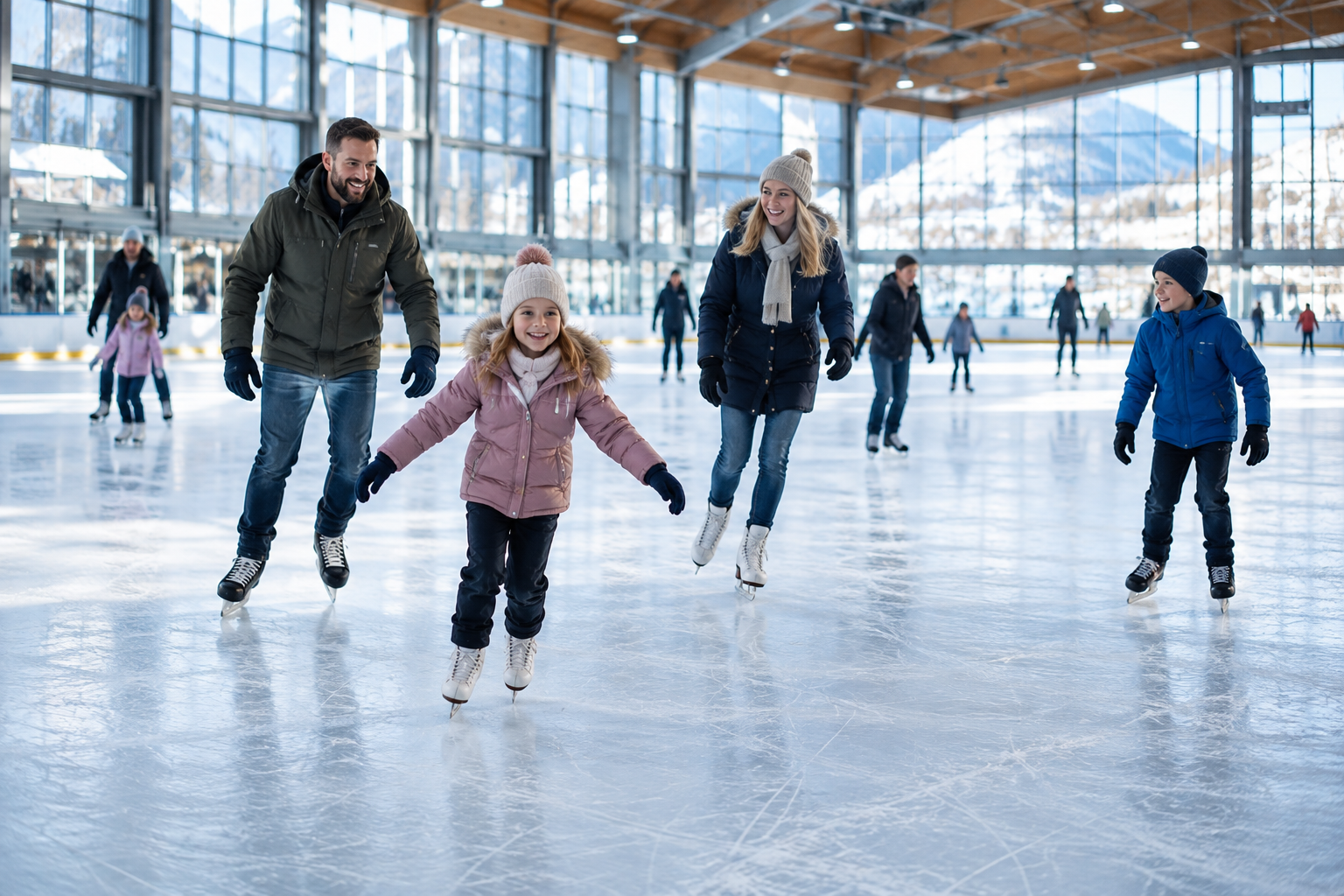Familie beim gemeinsamen Eislaufen in einer hellen Eishalle – Symbolbild