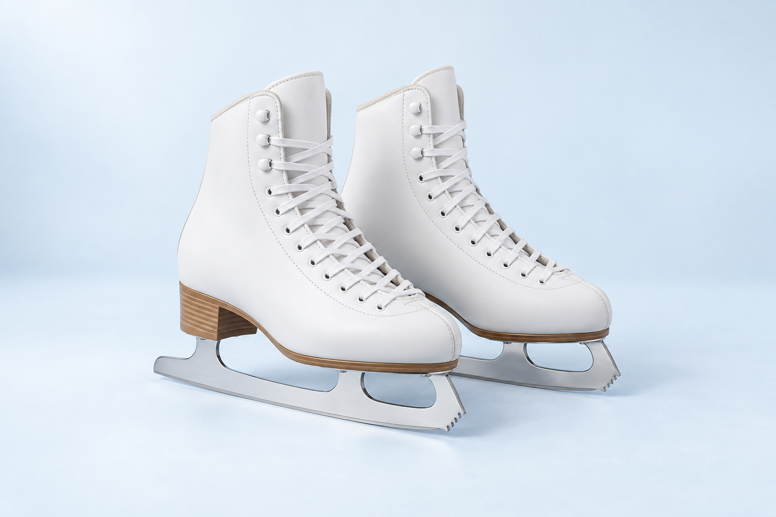 Schlittschuhe kaufen – dein Fachshop fürs Eis Weiße Eiskunstlaufschuhe mit hellbraunen Absätzen und silbernen Kufen