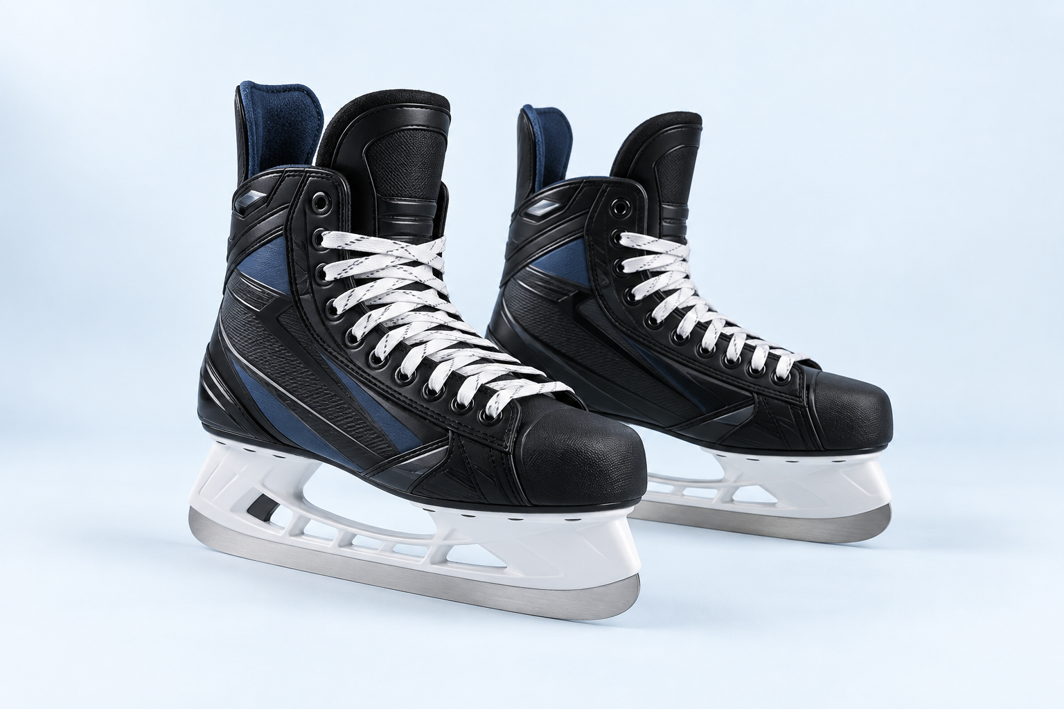 Schlittschuhe kaufen – dein Fachshop fürs Eis Schwarze Hockeyschlittschuhe mit weißen Schnürsenkeln und Stahlkufen
