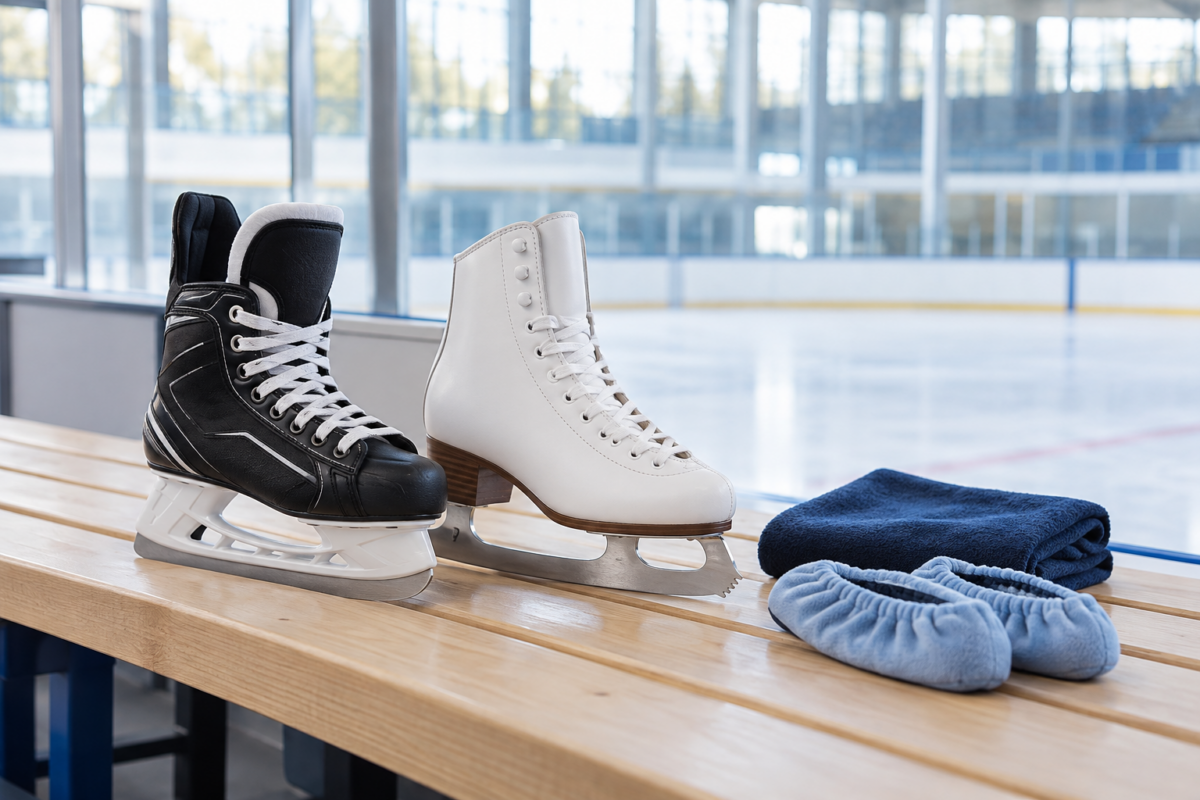 Hockey- und Eiskunstlaufschlittschuhe mit Trockentuch und weichen Kufenschonern auf einer Bank.