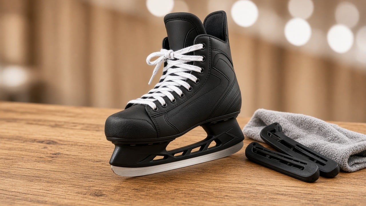 Schwarzer Eishockey-Schlittschuh mit weißen Schnürsenkeln neben Kufenschonern und Mikrofasertuch auf Holzbank – Headerbild zum Ratgeber Schlittschuhe schleifen lassen