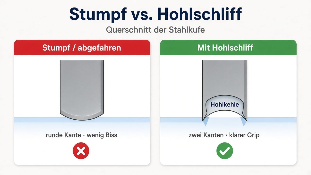 Infografik: stumpfe abgefahrene Stahlkufe mit runder Kante im Vergleich zu Hohlschliff mit Hohlkehle und zwei scharfen Kanten für besseren Kantenhalt