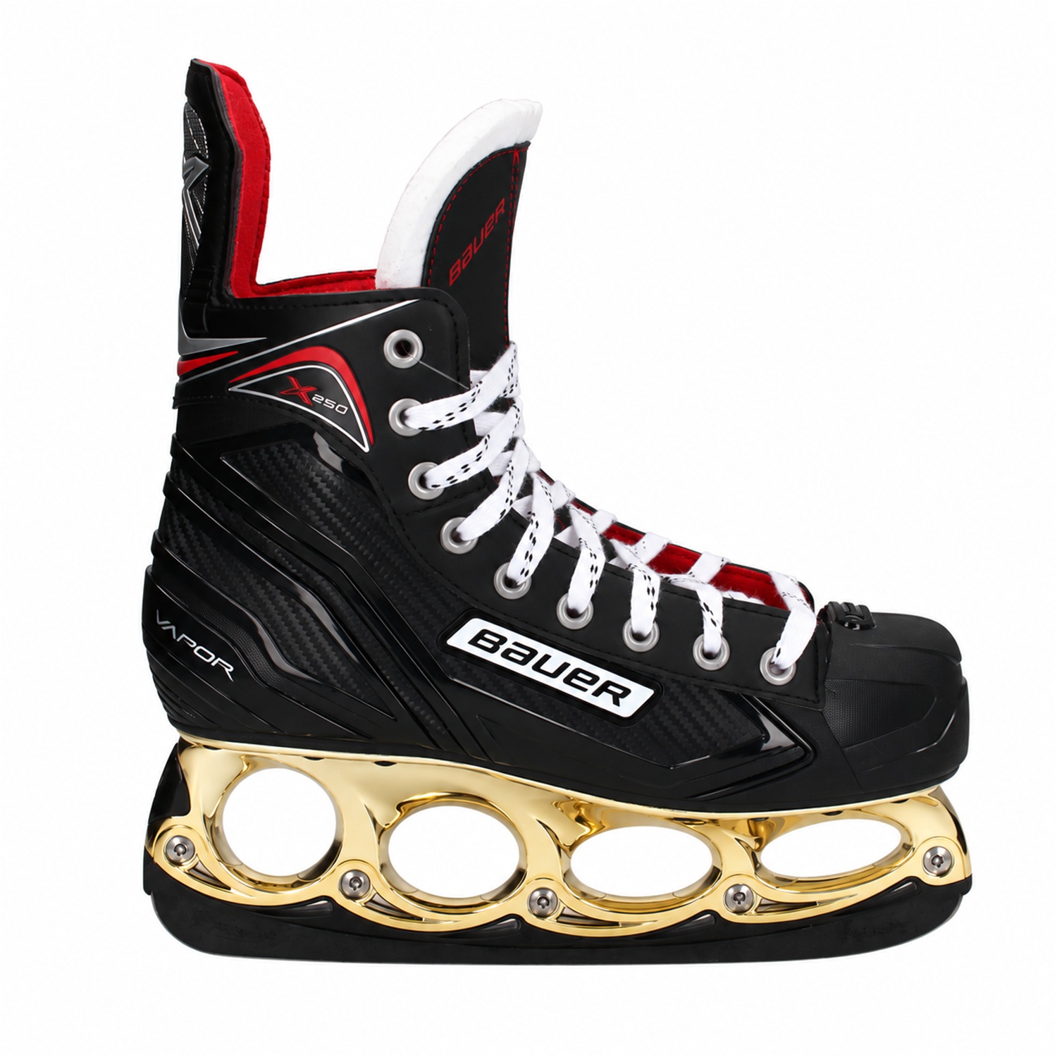 Bauer Vapor X250 Schwarz Rot Gold – Seitenansicht Bauer Vapor X250 T-Blade Schlittschuh Schwarz/Rot-Gold – US 7.5 – Bild 1