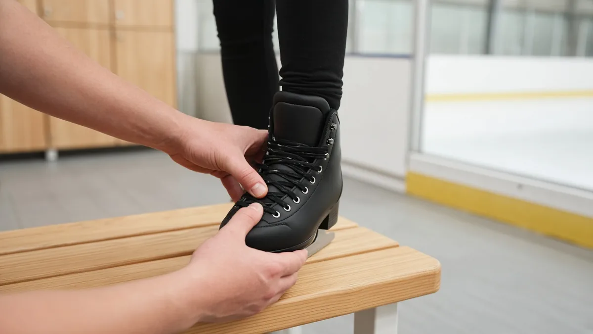 Kinder-Schlittschuhe kaufen: Größe, Modelle und Tipps für Eltern Erwachsener prüft mit dem Daumen an der Spitze die Passform eines schwarzen Kinder-Schlittschuhs – Anprobe beim Kinder-Schlittschuhe kaufen
