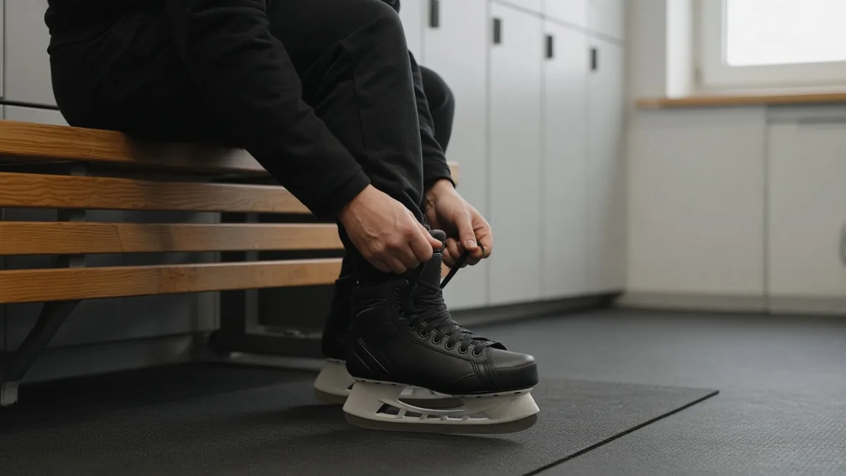 Schlittschuh-Größentabelle: BAUER, CCM und GRAF Schwarzer Eishockey-Schlittschuh wird auf der Kabinenbank geschnürt – passende Größe laut Schlittschuh-Größentabelle
