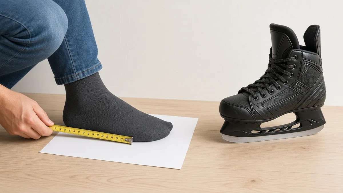 Fußlänge wird auf Papier mit Maßband gemessen, daneben ein Schlittschuh – Größe laut Schlittschuh-Größentabelle