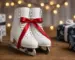 Weiße Schlittschuhe mit roter Schleife neben Geschenken – Schlittschuhe verschenken zu Weihnachten
