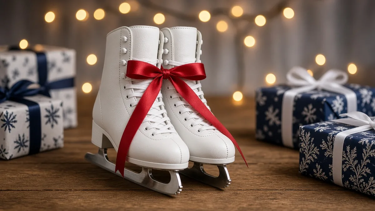 Weiße Schlittschuhe mit roter Schleife neben Geschenken – Schlittschuhe verschenken zu Weihnachten