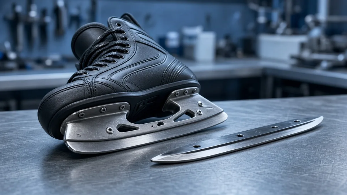 Hockey-Schlittschuh mit Stahlkufe neben Wechselkufe auf der Werkbank – Schleifen oder t-blade im Vergleich